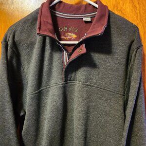 Men's Medium Orvis Gray/Maroon 1/4 Zip Fleece Lined Pullover Sweater